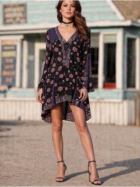 Anna Sui x O’Neill Black Boho Dark Romantic Whimsigoth Lace Up Dress High Low
